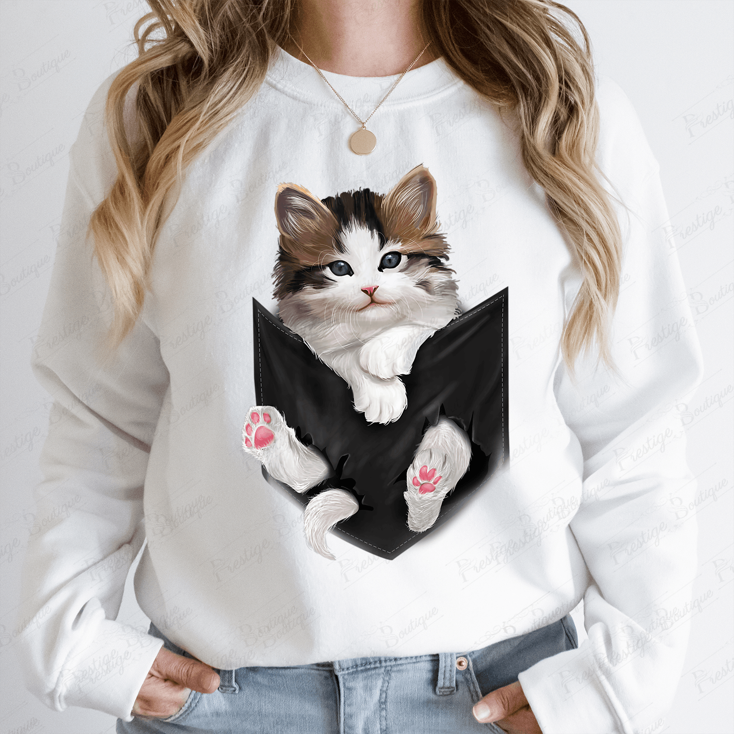 Bluza cu pisici White Kitty in Pocket - Prestigeboutique.ro