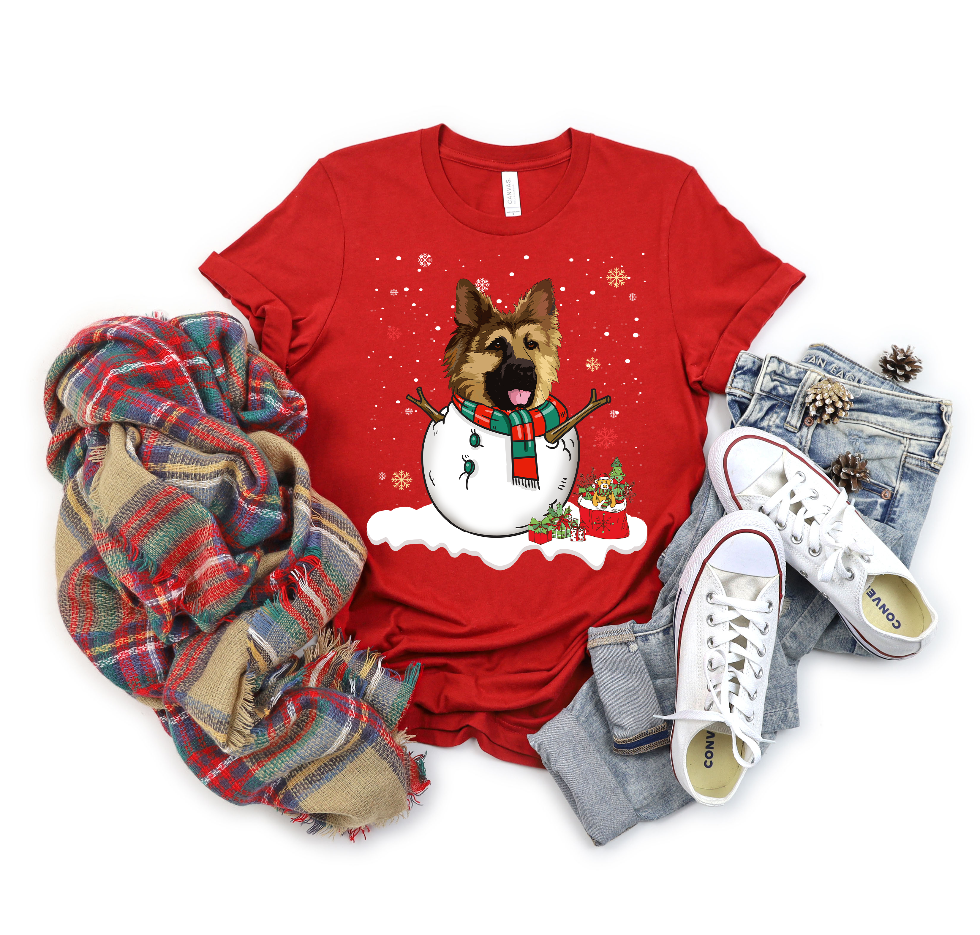 Tricou de Craciun cu caini ciobanesc german snowman